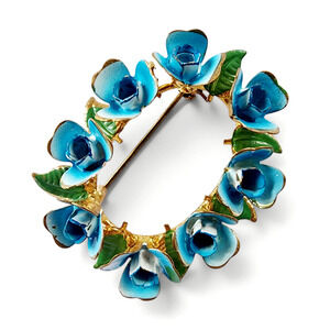 Austrian Blue Enamel Flower Wreath Brooch Gold Tone Mid Century Floral Pin